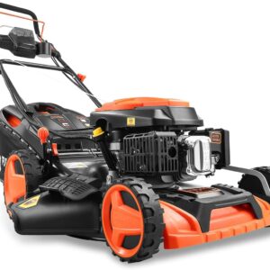 FUXTEC 4in1 Benzin Rasenpflege Gerät FX-RM5196eSPRO mit E-Start und regulierbarem Selbstantrieb, Gartenmäher inkl. Frontstoßstange, 51 cm Schnittbreite, kugelgelagerte Big Wheel Räder, 60L Grasfangkorb