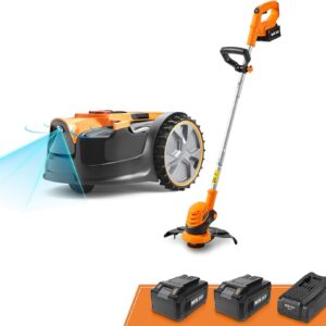 LawnMaster OcuMow™ Roboter-Rasenpflege Gerät mit kabellosem 24V MAX 10-Zoll-Gras-Trimmer-Kombi-Set, optische Navigation, automatische Hindernisvermeidung, punktgenauer Schnitt.