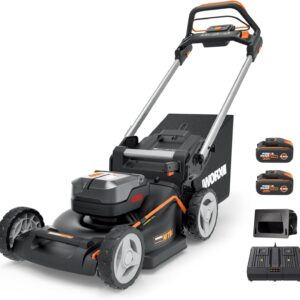 WORX WG749E Akku betrieben Rasenpflege Gerät 40 Volt (2x20V) PowerShare, Radantrieb, Kraftvoller Bürstenloser Motor, 46cm Schnittbreite, 7 Schnitthöhen inkl. Akku betrieben und Ladegerät, Schwarz